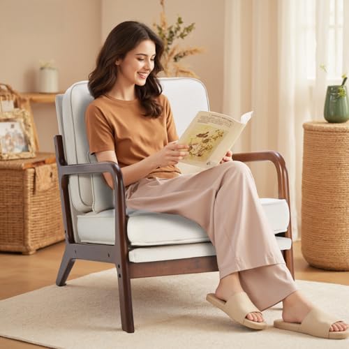 Accent Chairs Set of 2,Mid Century Modern Chair with Arms and Waist Cushion, Reading Chairs for Adults, Lounge Chair for Living Room and Bedroom, Solid Wooden Frame, Cream