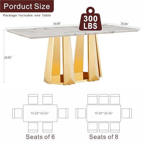 Marble Dining Table for 6 People, 70'' Rectangle Faux Marble Dining Table with Mirrored Stainless Steel Base, Large Size Marble Kitchen Table (Gold,White)(only Table)