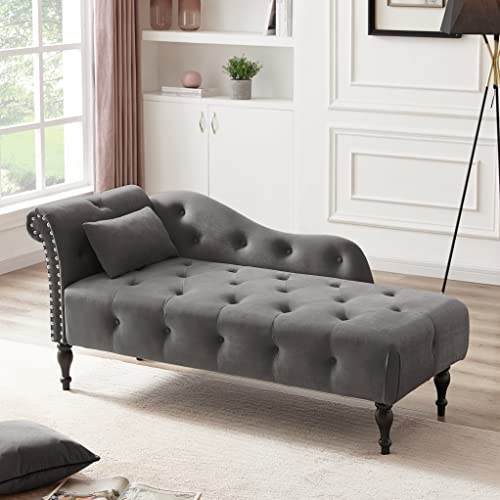 Tufted Upholstered Velvet Rolled Arm Chaise Lounges Indoor Chair, Grey, view 3