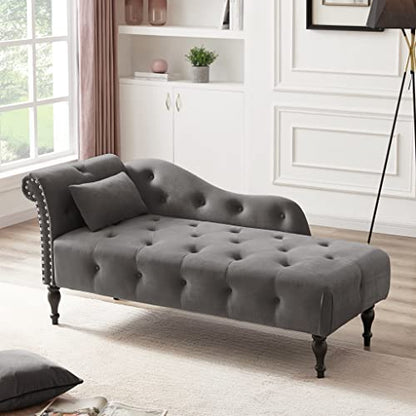 Tufted Upholstered Velvet Rolled Arm Chaise Lounges Indoor Chair, Grey, view 3