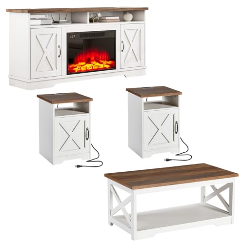 5-Piece Farmhouse Table Set Include 63" TV Stand with 26" Fireplace