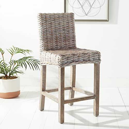 Furniture - Tobie Rattan Counter Stool - 23.62" Seat Height - Grey White-Wash - Wood - Coastal Rattan-Seat Design - Ideal for Kitchen, Bar Area, Dining Room - Fully Assembled (BST6501B)