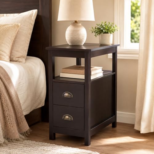 Brown narrow rustic end table with 2 drawers and shelf, view 2