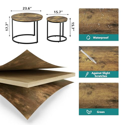 Nesting Coffee Table Set of 2, 23.6" Round Coffee Table Rustic Wood Top with Adjustable Non-Slip Feet, Industrial End Table Side Tables for Living Room Bedroom Balcony Yard