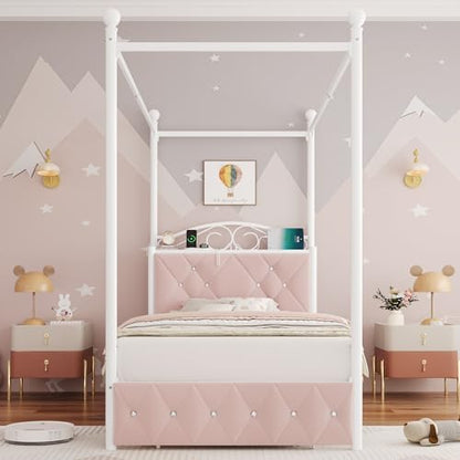 Twin Upholstered Canopy Bed Frame with Drawer & Crystal Tufted Storage, view 4