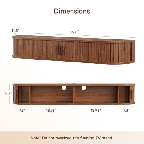 55" Floating TV Stand, Wall Mounted Entertainment Center Walnut, view 3