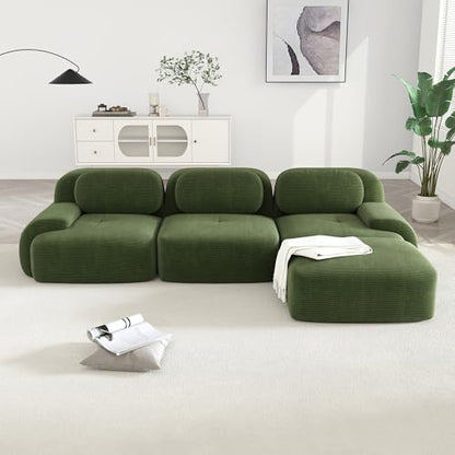 Modular Sectional Sofa Boneless Couch, Cloud Sectional Couches for Living Room, Oversized L Shaped Couch with Deep Seat and Ottoman, Comfy Corduroy Upholstery Green Couches, No Assembly(3S+1O)