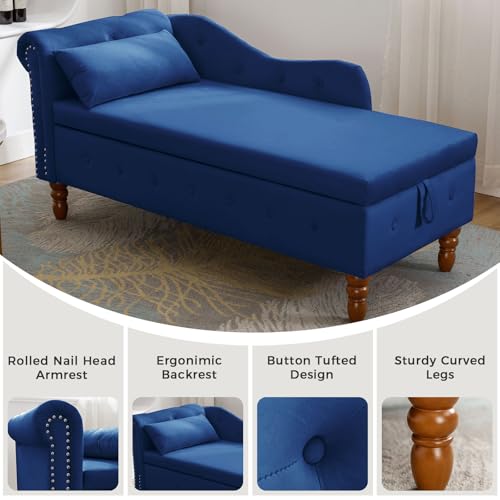 Velvet Chaise Lounge Indoor with Storage,Lounge Chair Sofa,Blue, view 6