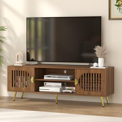 Walnut 55" TV Stand for TVs up to 65 Inch, Mid Century Modern Entertainment Center with Storage Shelves, Media TV Console Table with Storage Cabinet, Wooden Media Furniture for Living Room, Bedroom