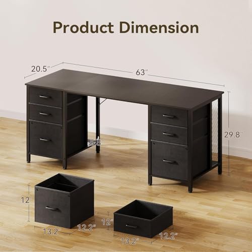 63 inch Office Desk with 6 Fabric Drawers & File Cabinets, Work from Home Computer Desk with Hidden Storage Stand, Deep Black