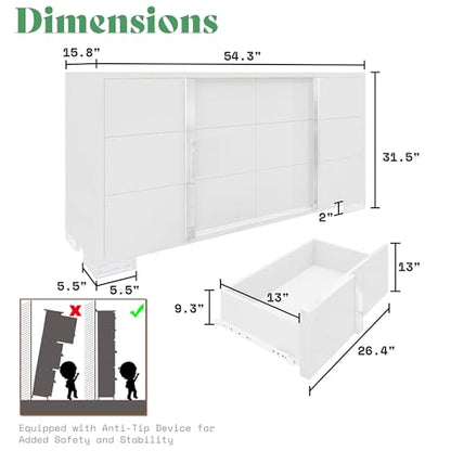 3 Piece Bedroom Set, Two 23.6" Nightstands & 6-Drawer Dresser, Silent Glide Drawers & Metal Handles, Modern High Gloss UV Finish, Dresser Set for Bedroom, White