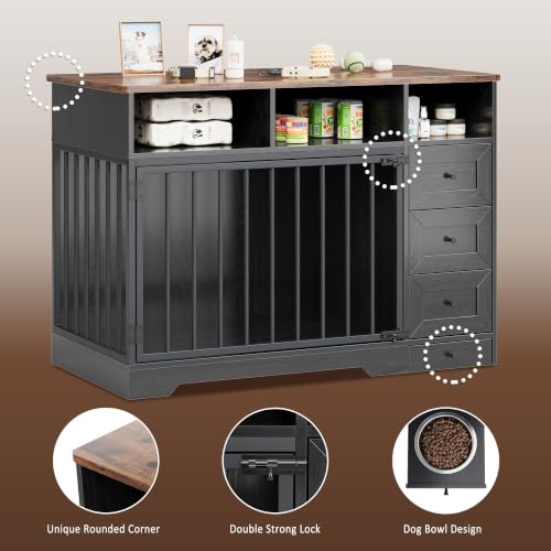 48'' Dog Crate Furniture with Bowl, Medium Dog Cage, Black, view 5