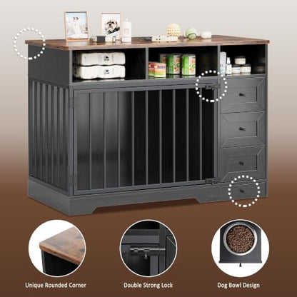 48'' Dog Crate Furniture with Bowl, Medium Dog Cage, Black, view 5