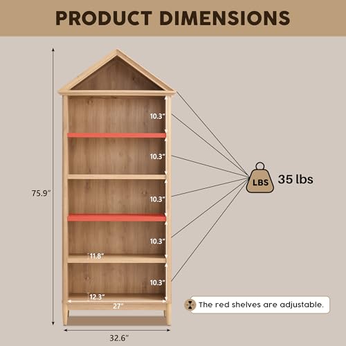 75.9" Tall Farmhouse Bookcase, Angle Arched 5 Tiers Large Bookshelf with Adjustable Shelves, Modern Wooden Geometric Book Shelf w/Storage and Open Display Shelves for Living Room, Office-Natural