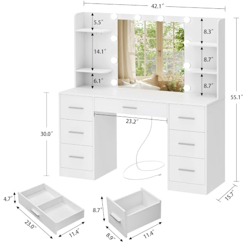 Large Vanity Desk with LED Lighted Mirror & Power Outlet, view 3