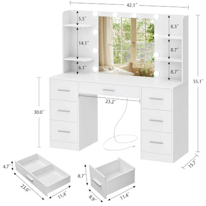 Large Vanity Desk with LED Lighted Mirror & Power Outlet, view 3