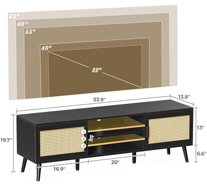 TV Stand for 65 Inch TV, Entertainment Center with Adjustable Shelf, Rattan TV Console with 2 Cabinets, Media Console, Solid Wood Feet, 4 Cord Holes, for Living Room, Black