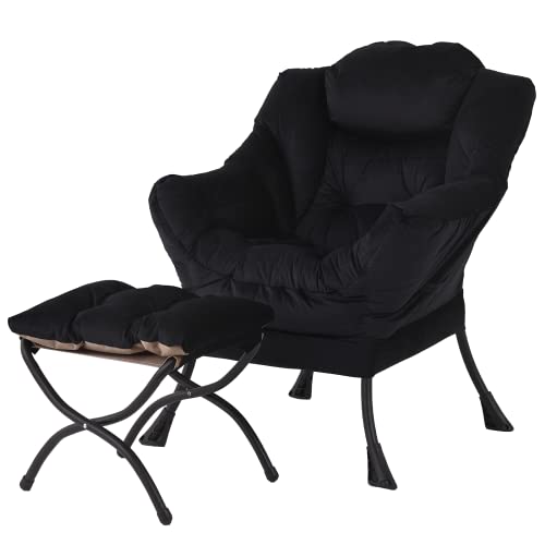 Lazy Chair with Ottoman, Modern Accent Chair with Armrests and a Side Pocket, Leisure Sofa Armchair, Reading Armchair with Footrest for Small Space, Black