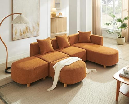 109.84" Modular Sectional Sofa with 3 Pillows, Convertible 5-Seater Comfy Boucle Cloud Couch with Ottoman, Modern Sectional Sofas for Living Room, Office, Apartment (Curry)