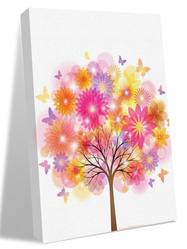 NuYeBiofx Colorful Flowers Butterflies Tree Canvas Wall Art Prints,48"x32" Framed Picture Artwork Abstract Botantical Printed Canvas Oil Painting for Living Room Bedroom Office,Ready to Hang