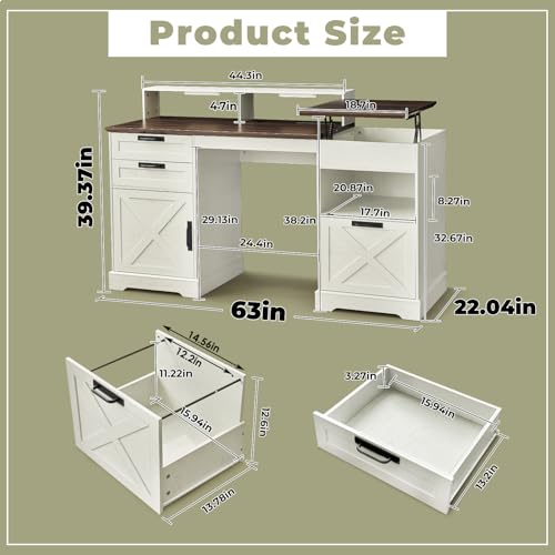 63“ Executive Desk with Lift Top, 3 File Drawers, White, view 3