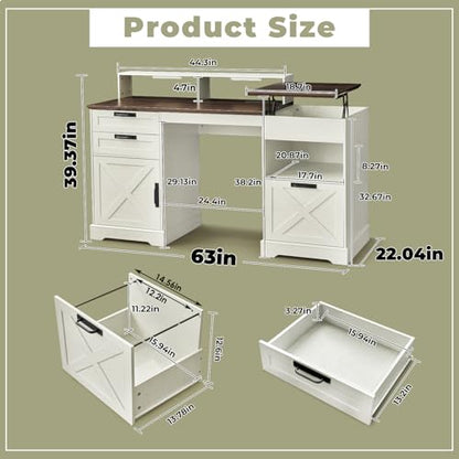 63“ Executive Desk with Lift Top, 3 File Drawers, White, view 3
