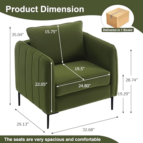 Olive Green Velvet Accent Chairs Set of 2, Modern Upholstered Accent Chair Comfy Velvet Armchair with Thick Cushion and Wood Frame, Single Sofa/Side Chair for Living Room Bedroom Office