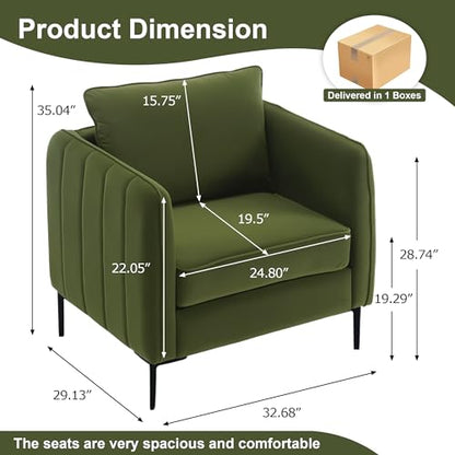 Olive Green Velvet Accent Chairs Set of 2, Modern Upholstered Accent Chair Comfy Velvet Armchair with Thick Cushion and Wood Frame, Single Sofa/Side Chair for Living Room Bedroom Office