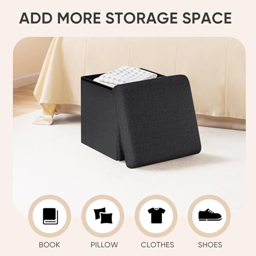 Storage Ottoman Cube Square Shaped Ottomans with Storage Foot Stool Footrest for Lving Room Boucle Ottoman Seat for Dorm Room,Faux Teddy Fur Black,12.6"x12.6"x12.6"