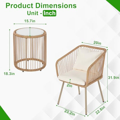 3-Piece Outdoor Furniture Modern Patio Bistro Set Rattan Conversation Set Wicker Patio Furniture Set with 2 Chairs Coffee Table Cushions Lumbar Pillows for Patio Outdoor Backyard Porch, White