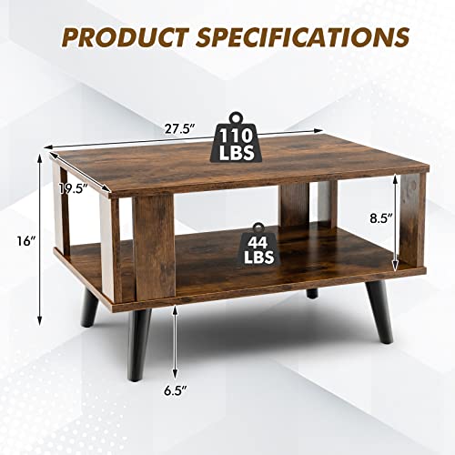 Small Wood Coffee Table, 2-Tier Tea Table w/Open Storage Shelf & Supportive Legs, Easy Assembly, Mid-Century Center Table for Living Room, Reception Room