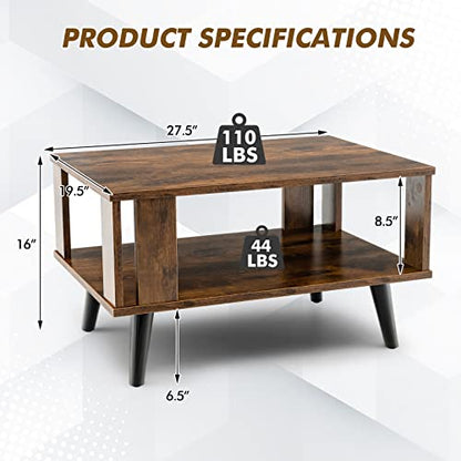 Small Wood Coffee Table, 2-Tier Tea Table w/Open Storage Shelf & Supportive Legs, Easy Assembly, Mid-Century Center Table for Living Room, Reception Room