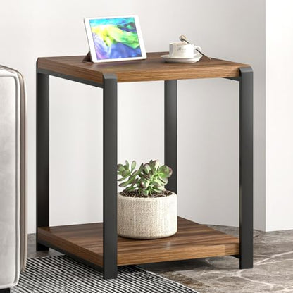 Modern End Table, Square Side Table with Storage Shelf for Living Room, Rustic Wood Night Stand for Bedroom, Walnut