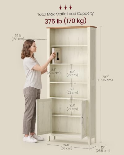 Liry Collection Farmhouse Bookshelf, 6-Tier Bookcase with Doors, Storage Cabinets, 24.8 x 10 x 70.7 inch, for Home Office, Living Room, Cloud White and Warm Brown ULBC134W101S