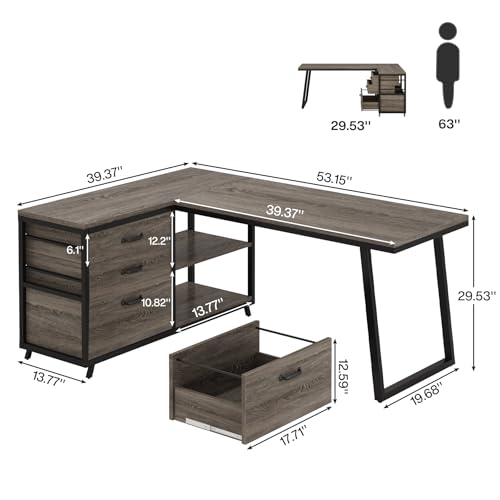Tribesigns 53" L Shaped Office Desk, Reversible Corner Computer Desk with 3 File Drawers and 2 Storage Shelves for Home Office, Study, Gaming Room (Grey)