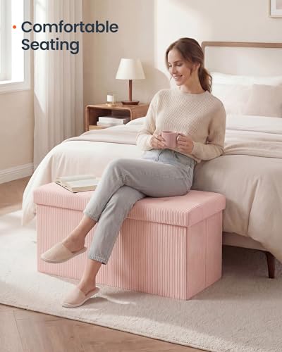 Ottoman with Storage, Removable Lid, Folding Storage Chest, Easy Assembly, for Entryway, Bedroom, Living Room, 15.2 x 30.2 x 15.2 Inches, Corduroy, Light Pink