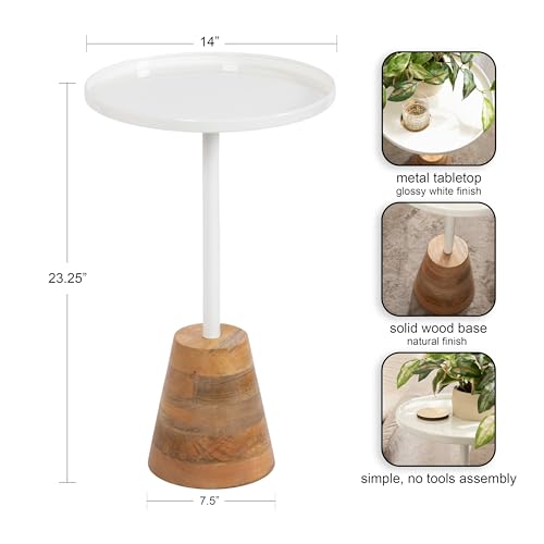 Tira Scandinavian Round Side Table, 14 x 24, White and Natural Wood, Modern Circle End Table for Use as Bedroom Nightstand or Living Room Pedestal Table