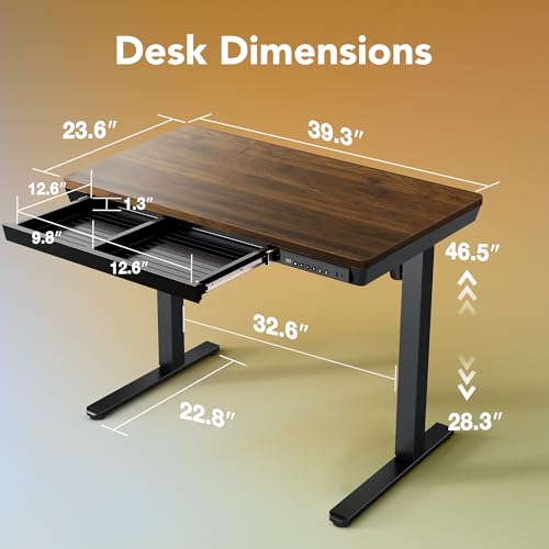 Electric Standing Desk with Drawers, 40 X 24 Inch Electric Adjustable Height Desk, Quick Install One-Piece Tabletop with USB Charging Ports, Sit to Stand Up Desk for Home Office, Black Walnut