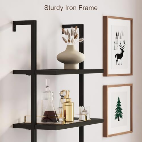Rattan Bookcase, 6 Tier Ladder Bookshelf with Rattan Cabinet, Wall Mount Tall Bookshelves and Bookcases with Metal Storage Shelves Display for Living Room Bedroom Home Office, Black