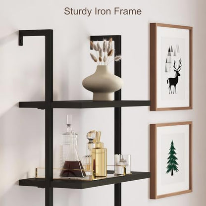 Rattan Bookcase, 6 Tier Ladder Bookshelf with Rattan Cabinet, Wall Mount Tall Bookshelves and Bookcases with Metal Storage Shelves Display for Living Room Bedroom Home Office, Black