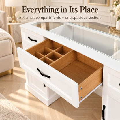 Large Vanity Desk with Mirror and Lights, 55" Makeup Vanity Table with Glass Top, view 6