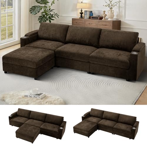108'' Chenille Sectional Couch with Storage Armrests,L Shaped Upholstered Sofa with Movable Ottoman, 4-Seat Modular Couch with Cup Holders for Living Room, Brown