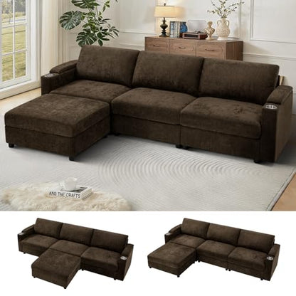 108'' Chenille Sectional Couch with Storage Armrests,L Shaped Upholstered Sofa with Movable Ottoman, 4-Seat Modular Couch with Cup Holders for Living Room, Brown