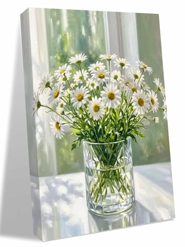 NuYeBiofx Summer Daisy Flower on Bottle Canvas Wall Art Prints,48"x32" Framed Picture Artwork Country Farmhouse Floral Printed Canvas Oil Painting for Living Room Bedroom Office,Ready to Hang