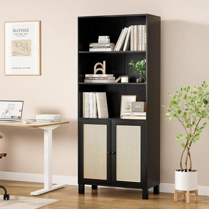 5 Shelf Bookshelf with Rattan Doors, 29.9" L×14.6" W×70.9" H Tall Bookcase with Freestanding Display Shelves, Farmhouse Boho Book Case for Home Office Reading Nook Living Room, Black