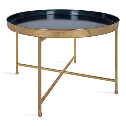 Celia Modern Glam Round Coffee Table, 28.25" x 28.25" x 19", Navy Blue and Gold Leaf, Chic Sophisticated Accent Table