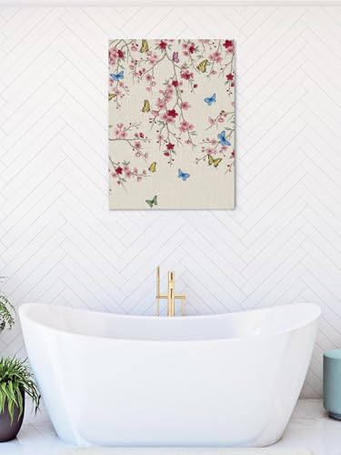 Summer Pink Flower Leaf Linen Texture Canvas Wall Art Prints,48"x32" Framed Picture Artwork Pastoral Floral Butterfly Printed Canvas Oil Painting for Living Room Bedroom Office,Ready to Hang