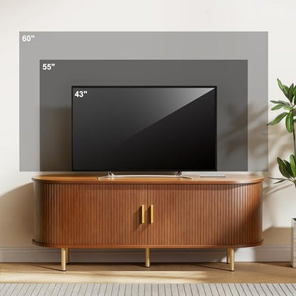 55 Inch Mid Century Modern TV Stand with Power Outlet for TVs up to 60 Inch, Entertainment Center with Storage and Adjustable Shelves, Media Console with Sliding Doors for Living Room(Walnut)