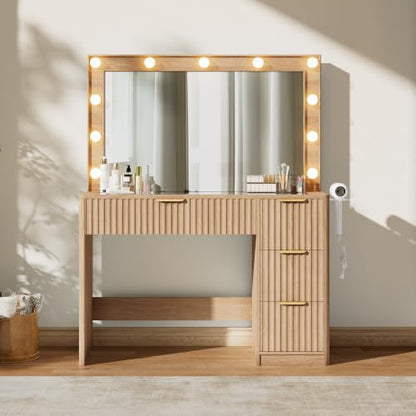 36" Oak Fluted Vanity Desk with Mirror, Adjustable LED & 4 Drawer, view 4
