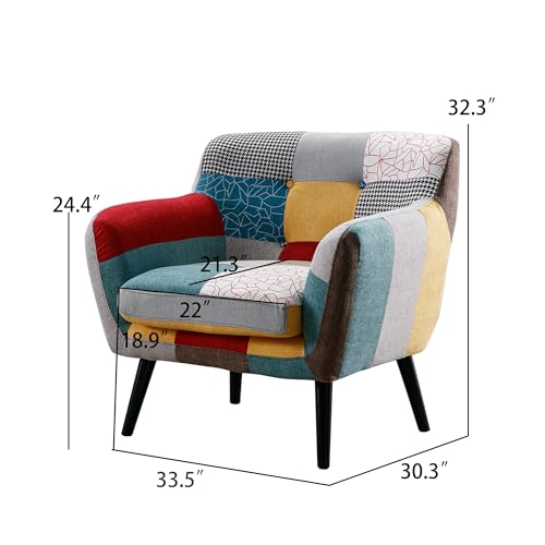Modern Oversized Accent Chair for Living Room, Colorful Boho Linen Fabric Upholstered Armchair with Wood Legs, Single Chair